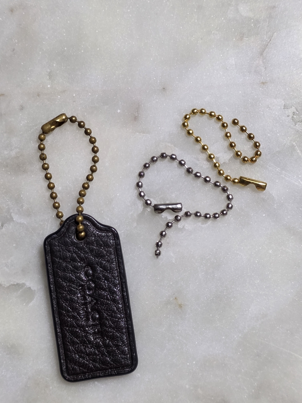 Coach Small Dark Brown Pebbled Leather Hangtag w/ Brass & Spare Ball Chains
